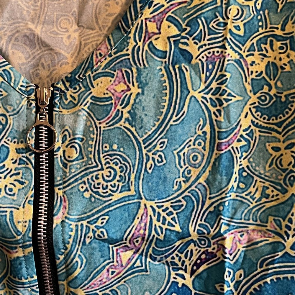Silky Soft teal, yellow, pink, and purple blouse